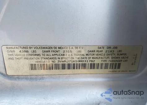 2009 Volkswagen Jetta Wolfsburg Edition z USA, uszkodzony, nr VIN 3VWRJ71K59M031782